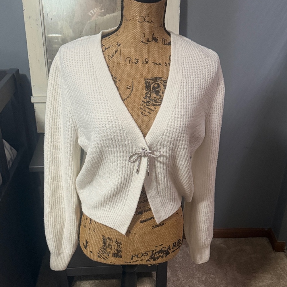 No Boundaries White Women's Cardigan with Bow Detail